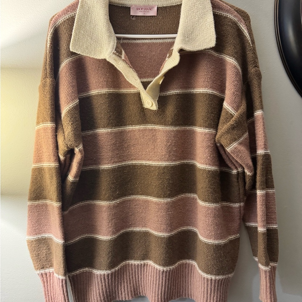 Striped Brown and Pink Collared Sweater